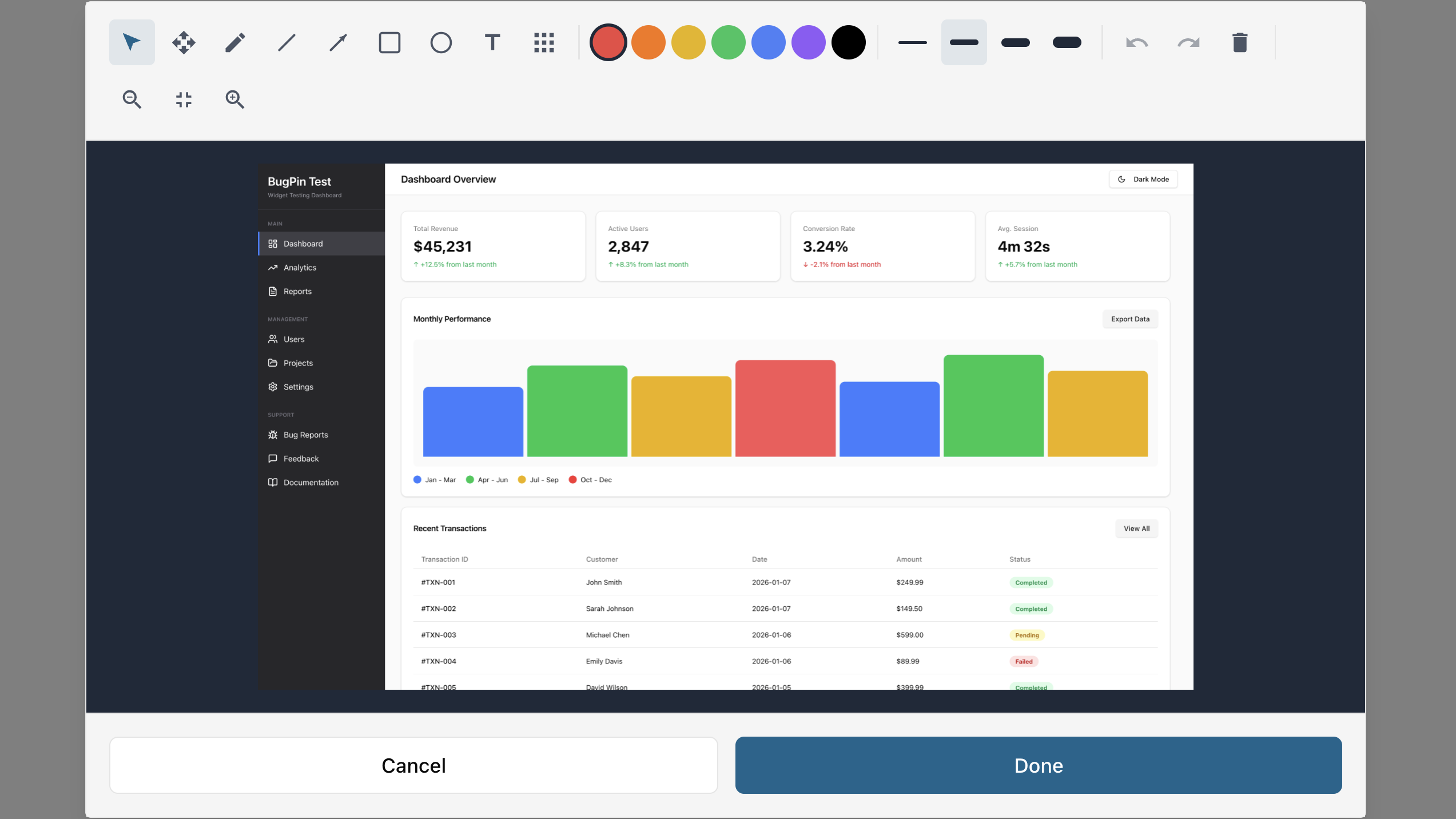 BugPin annotation tools for screenshot markup