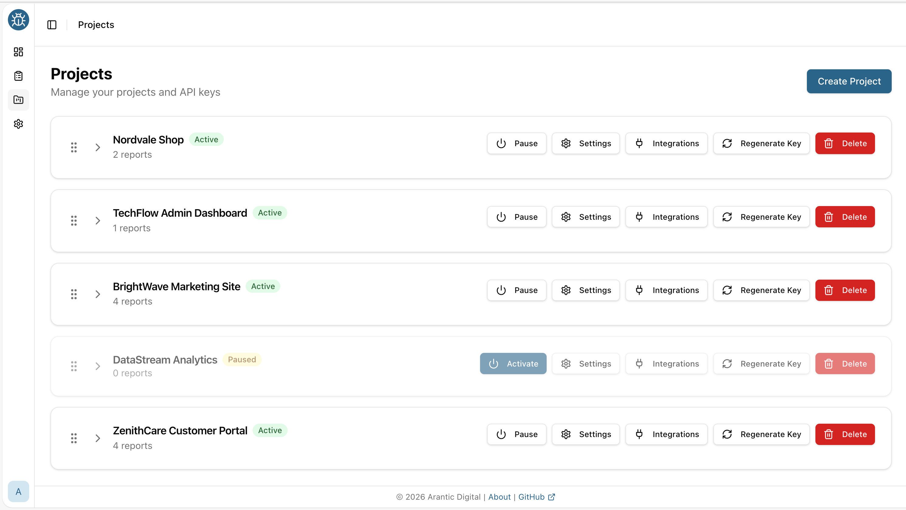 BugPin multi-project management interface
