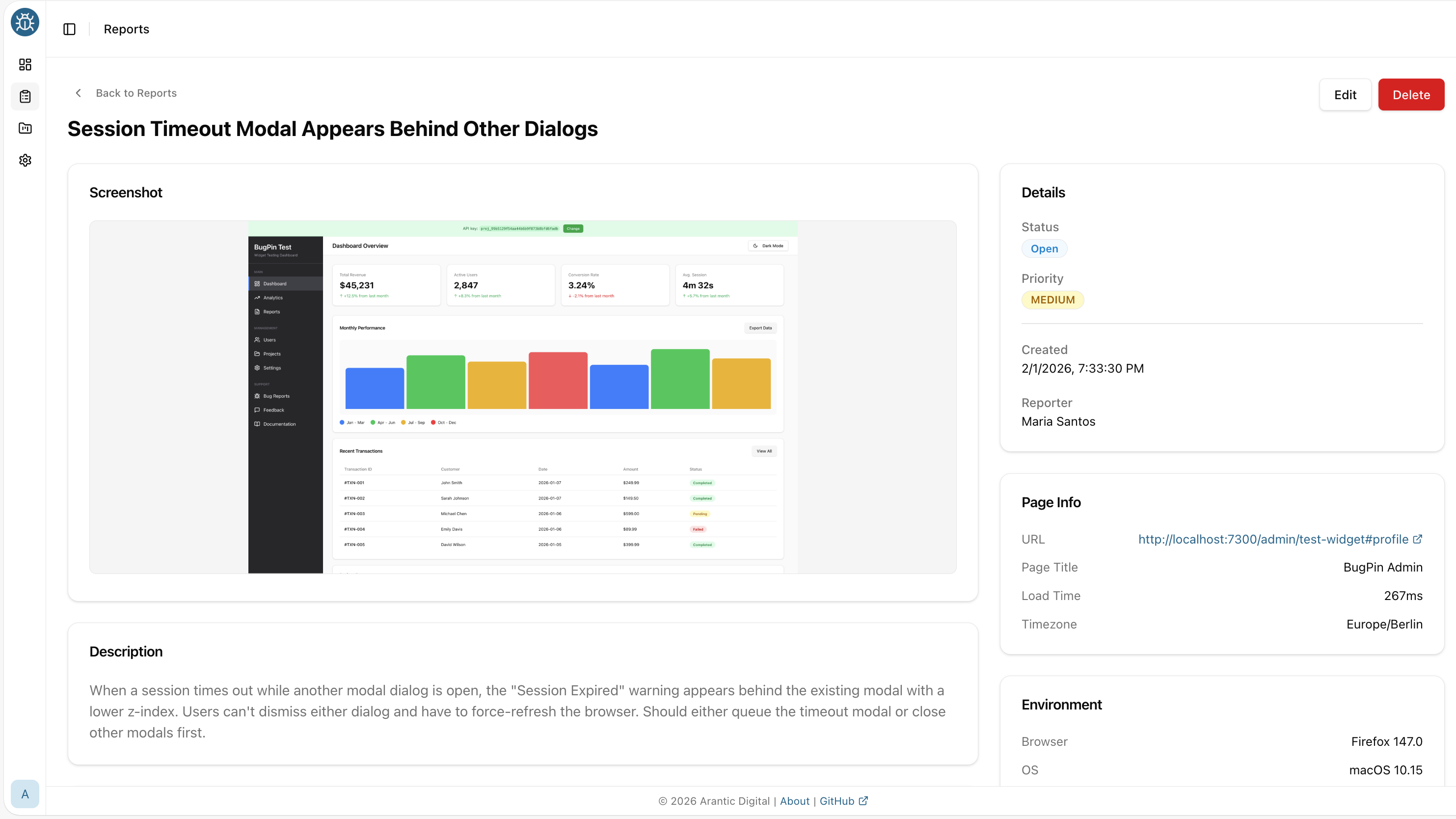 BugPin report details showing console errors, network requests, and user activity