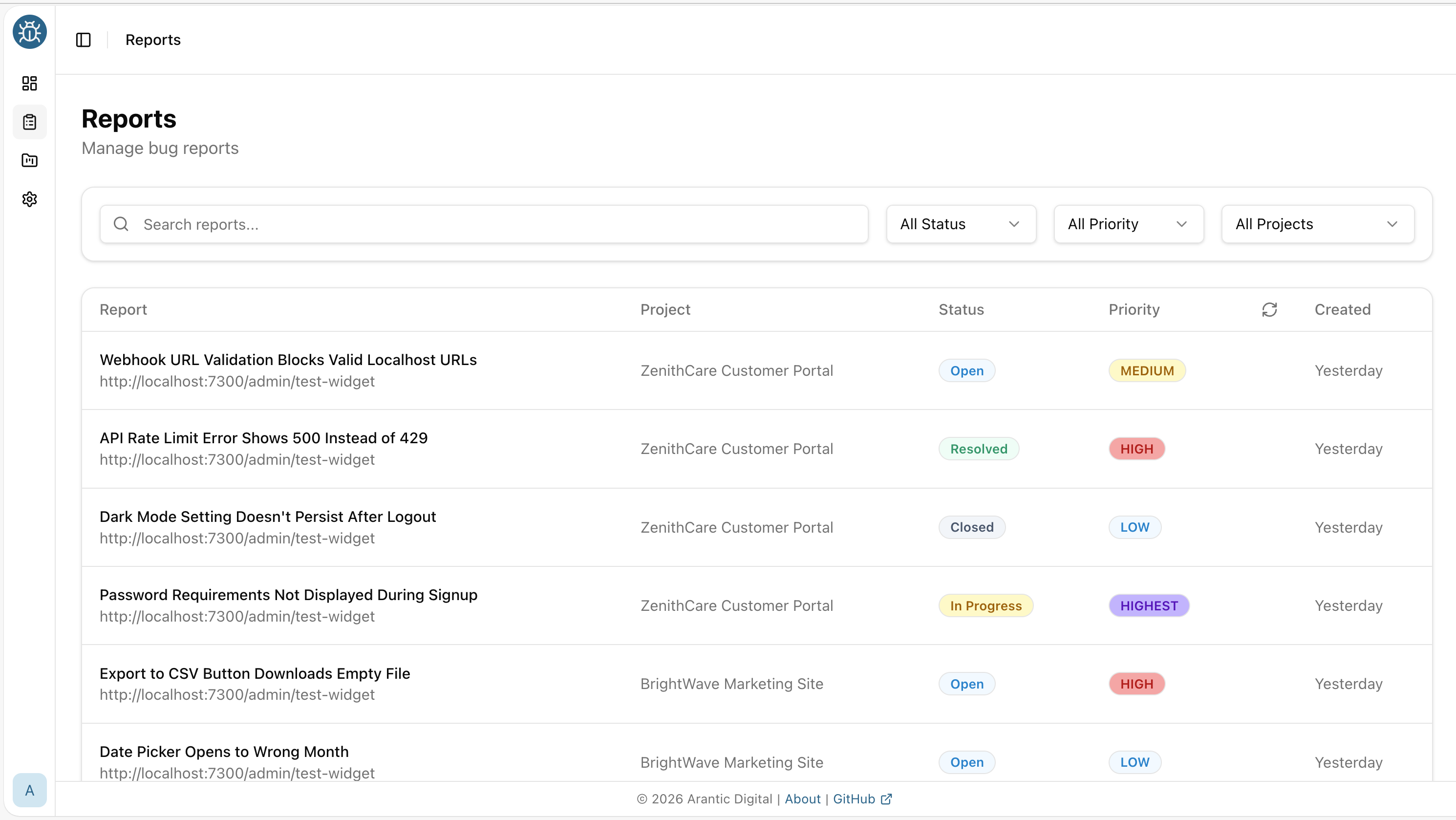 BugPin reports list with assignee and priority columns