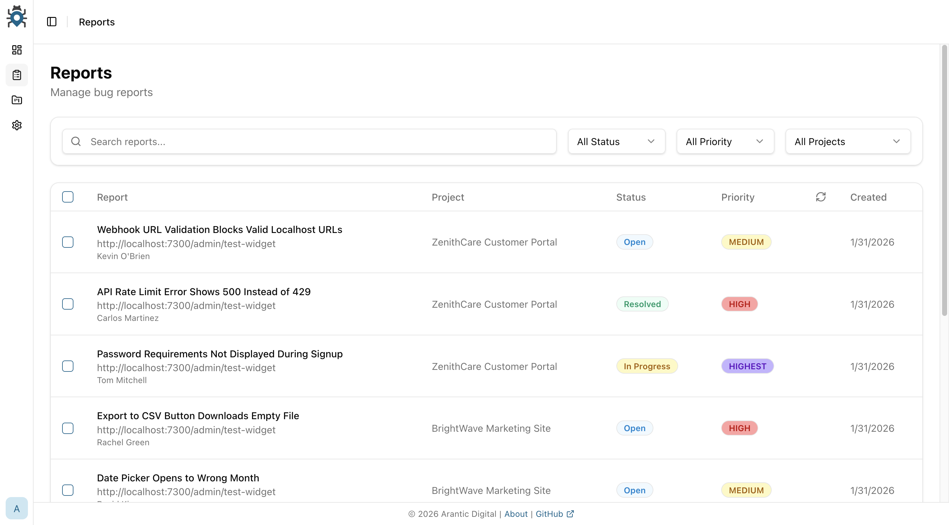 BugPin reports list with assignee and priority columns